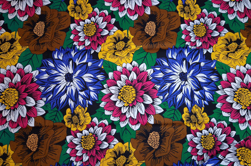 African print fabric - Blue & Fuchsia Flowers - 100% cotton