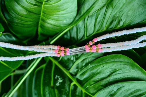 3 in 1 Waist Beads / African Hip Chain - ABEBI - Pink / White (elastic)