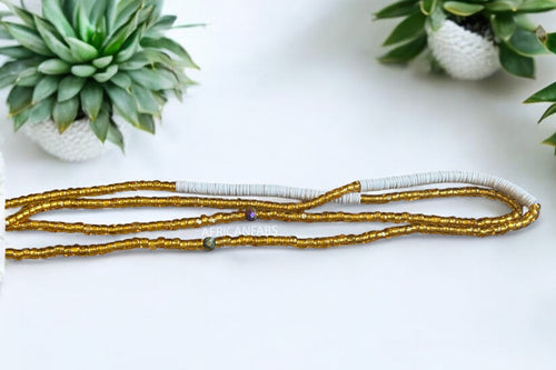 Waist Beads / African Hip Chain - Osi - White / gold (Traditional non-elastic string)