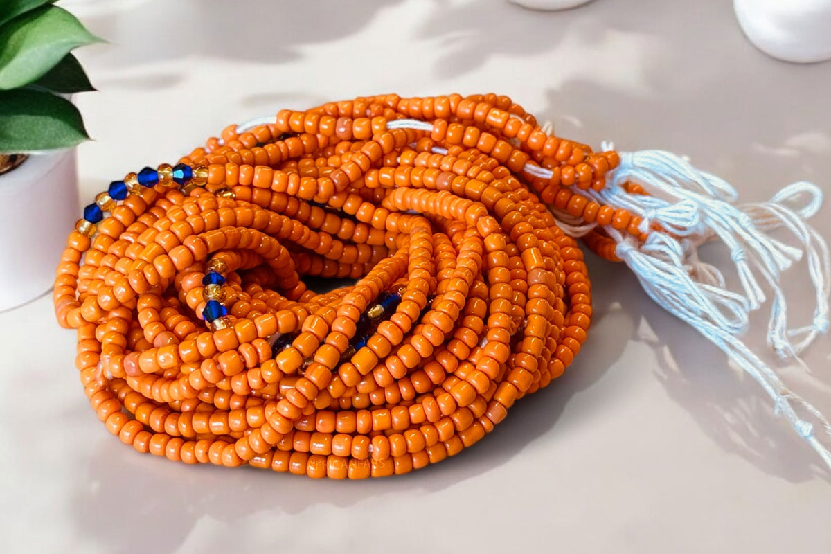 2933 Women Ethnic Fashion Elastic Band Orange Gold Beads Belt Hip Wood Double Strand Waist Bead - Orange main image 3