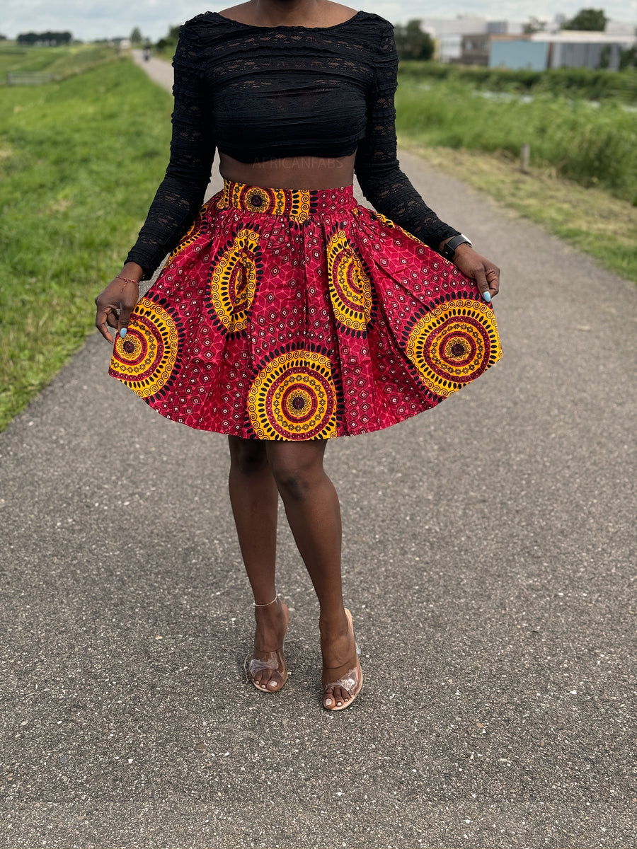 African print mini skirt - Red Dotted Patterns – AfricanFabs