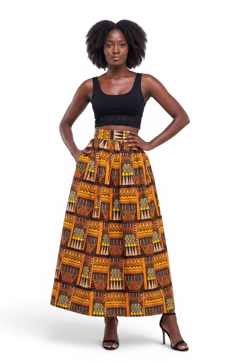 African print maxi skirt - Adjustable slit - Orange Brown Tribal
