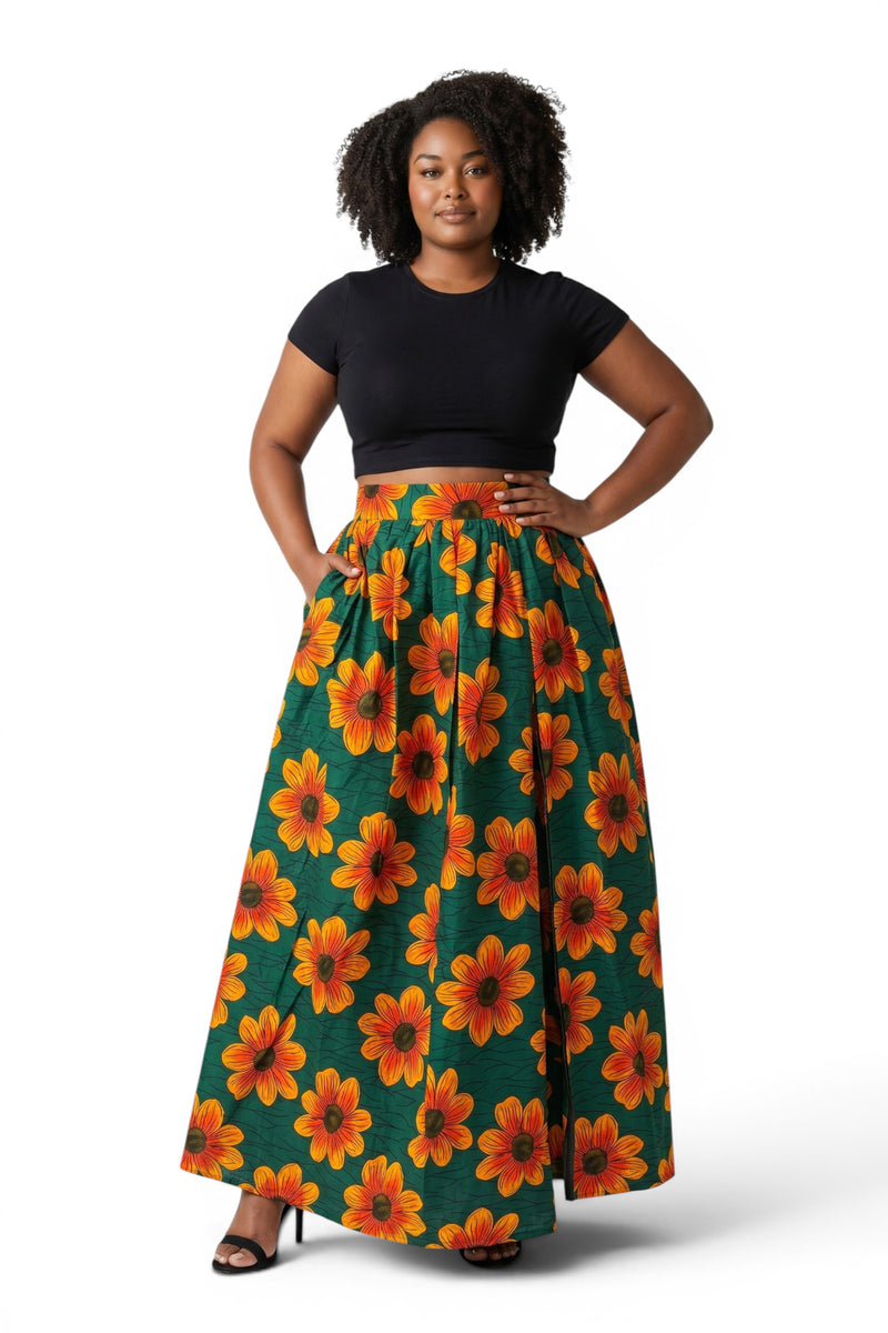 African print maxi skirt - Adjustable slit - Green Orange