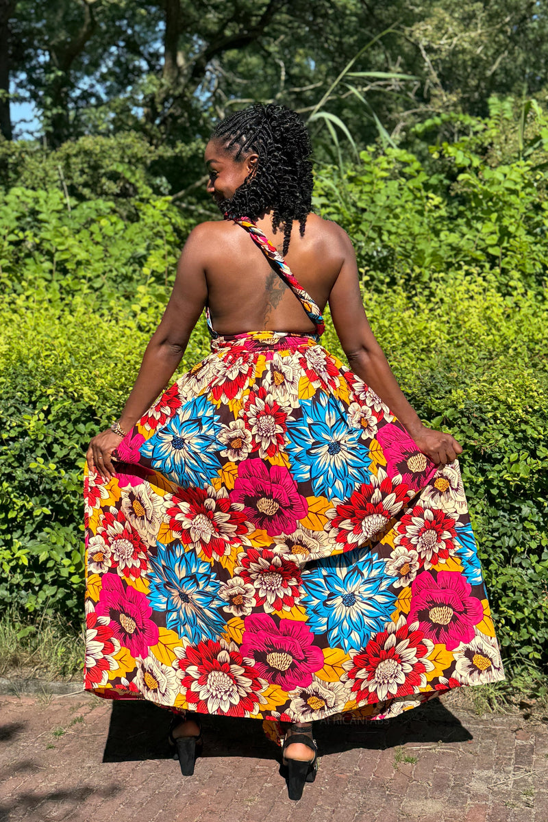 African Print Infinity Multiway Maxi Dress - Red & Blue Flowers