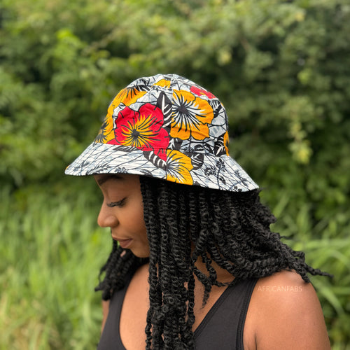 Bucket hat / Fisherman hat with African print - Light Grey Flowers - Kids & Adults sizes (Unisex)
