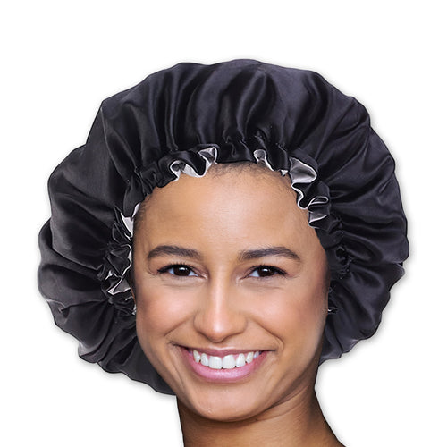 SATIN SET - Protect & brush your hair starters kit - Black Satin Hair Bonnet + Curved Detangler brush + Scrunchie