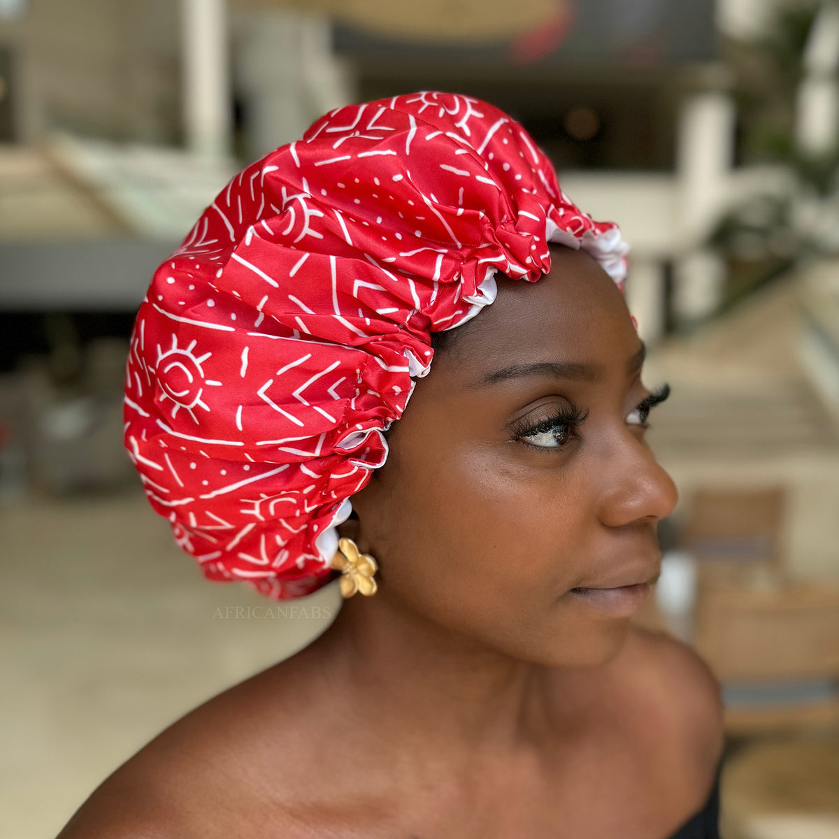 Bonnet &  Cape 確認用です(*´꒳`*) Red mud / bogolan Satin Hair Bonnet ( Adjustable & Reversable
