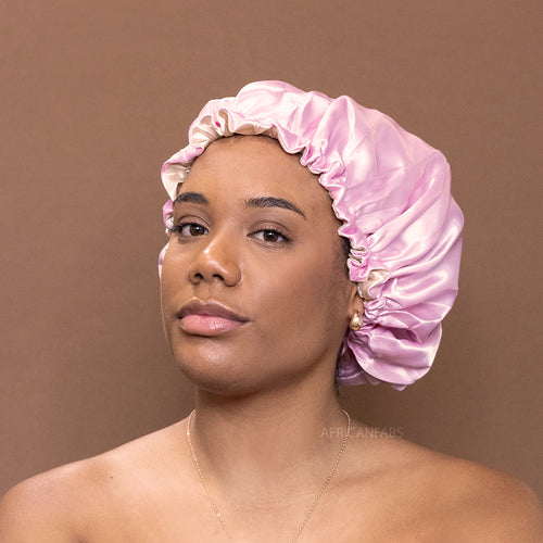 Pink Satin Hair Bonnet ( Adjustable & Reversable Satin Night sleep cap )