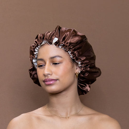 Chocolate brown Satin Hair Bonnet ( Adjustable & Reversable Satin Night sleep cap )
