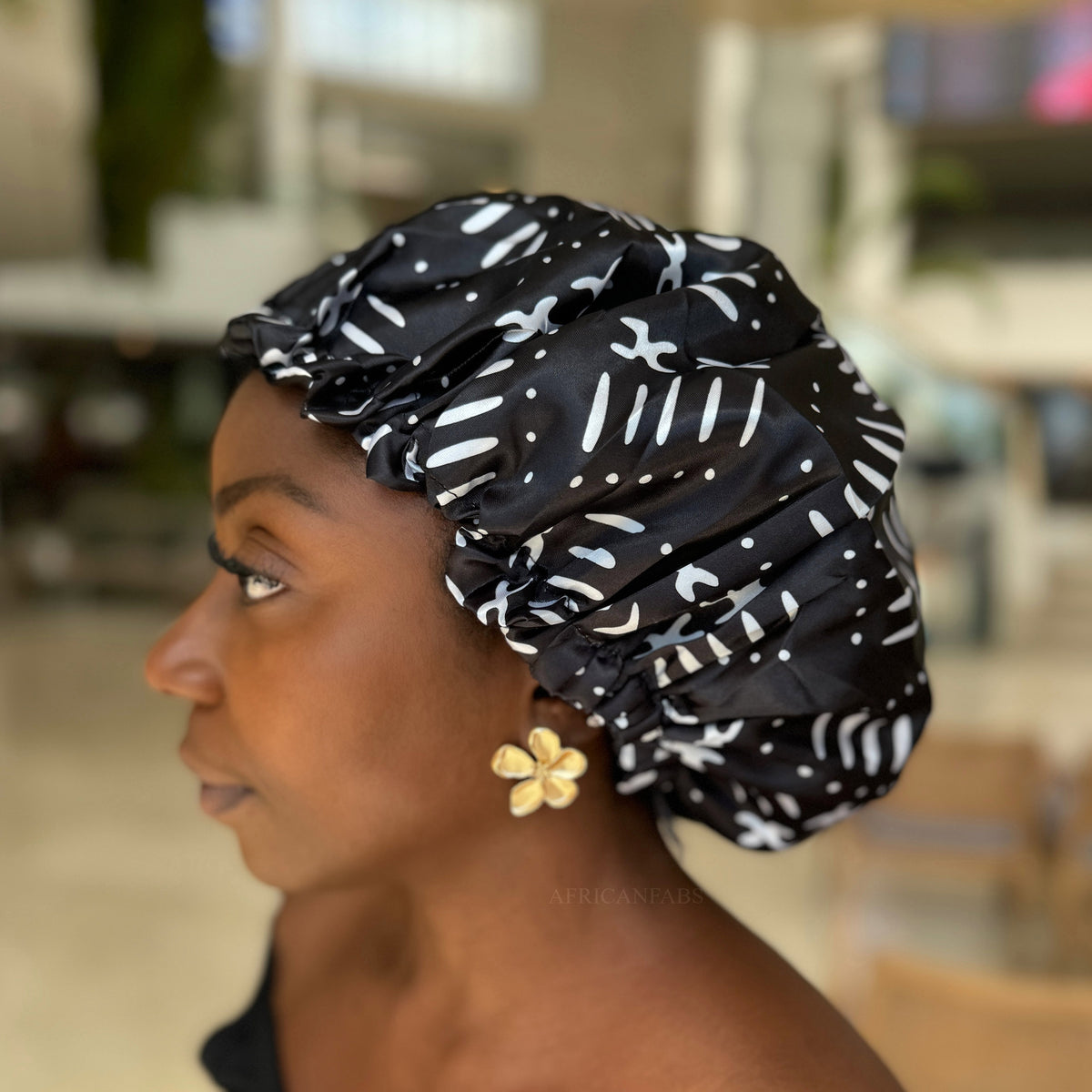 Black mud / bogolan Satin Hair Bonnet ( Adjustable & Reversable