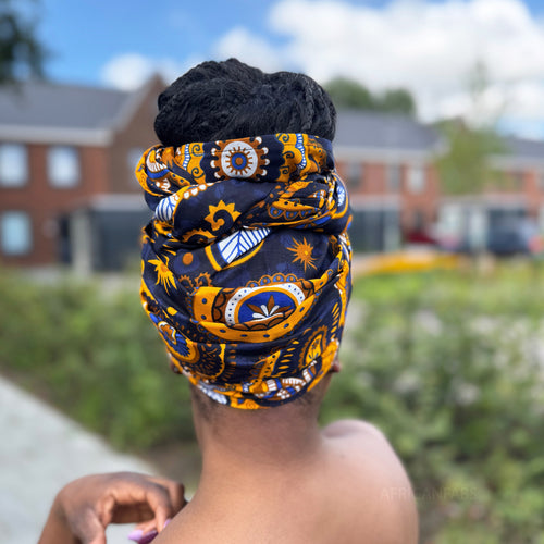 African headwrap - Navy blue Yellow Paisley