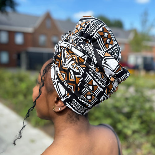 African headwrap - Dark Brown & White Bogolan Symbols