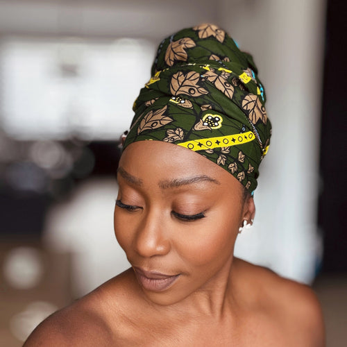 African headwrap - Dark Green & Yellow Botanical Flow