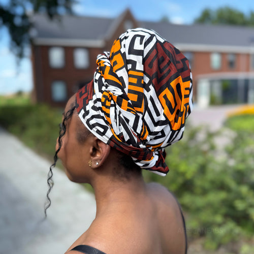 African headwrap - Brown & Yellow-Orange Kuba Blocks Congo