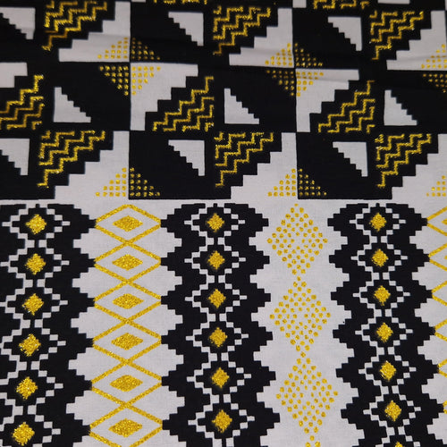 African print fabric - Exclusive Embellished Glitter effects 100% cotton - GL-4059 Kente Gold Black White