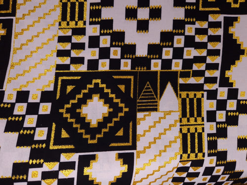 African print fabric - Exclusive Embellished Glitter effects 100% cotton - GL-4042 Kente Gold Black White