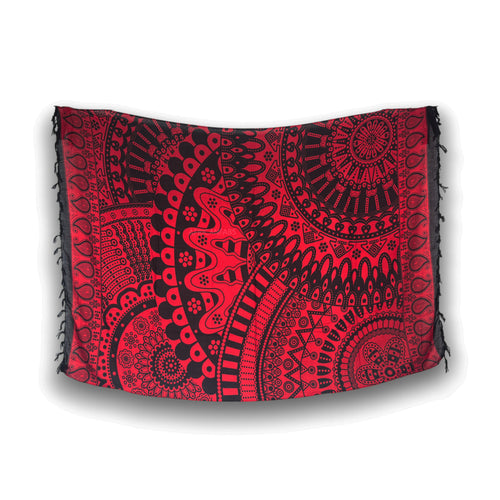 Sarong / pareo - Beachwear wrap skirt - Black / red Mandala