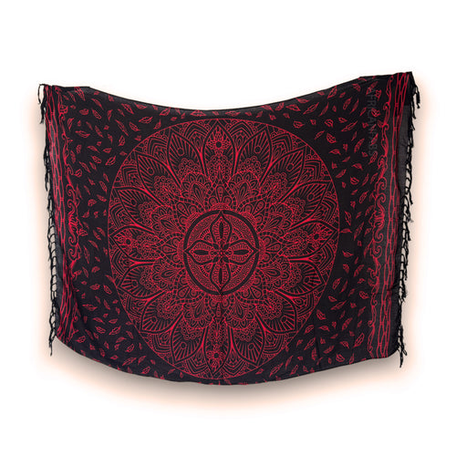 Sarong / pareo - Beachwear wrap skirt - Black / red Mandala