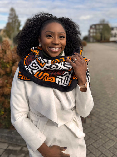 African print Winter scarf Unisex - Slim model - Brown Kuba Blocks