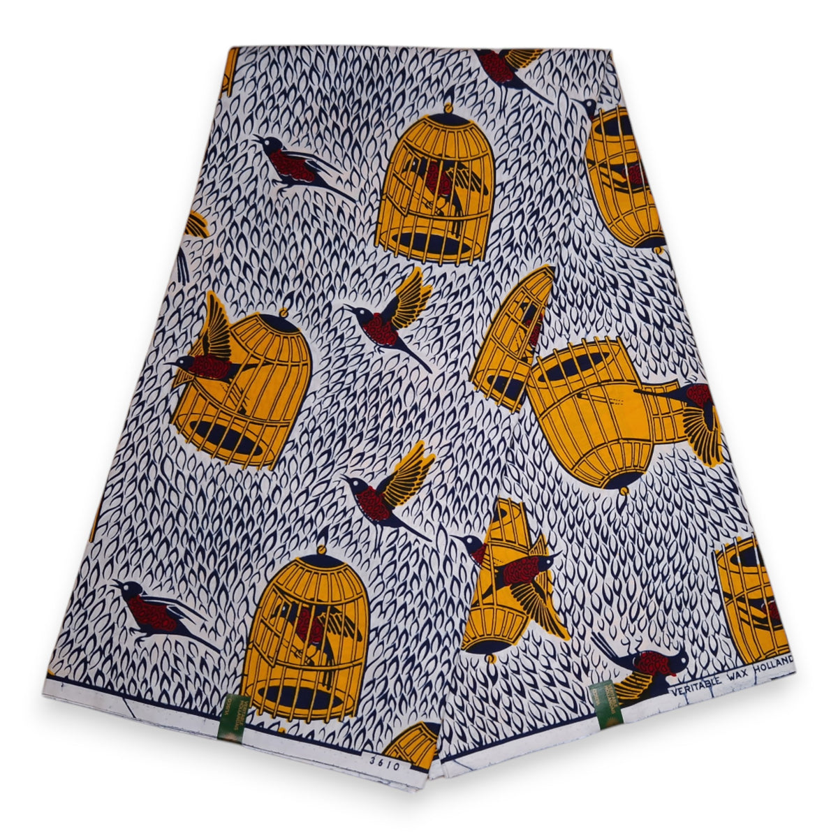 Vlisco Fabrics 英語版 フリスコ ファブリックス VLISCO Hollandais Wax print fabric - White Yellow Bird in a Cage