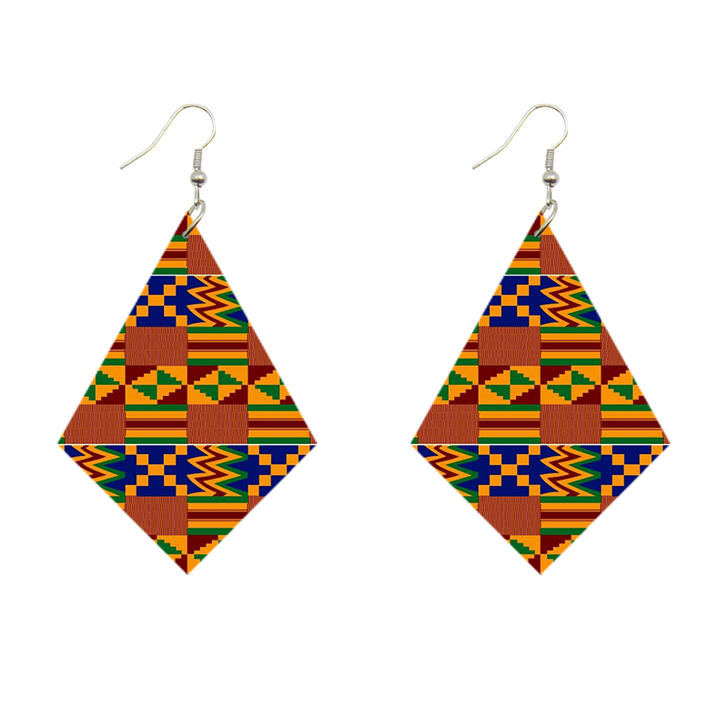 African Print Earrings | Rhombus shaped Kente print wooden  display picture 1