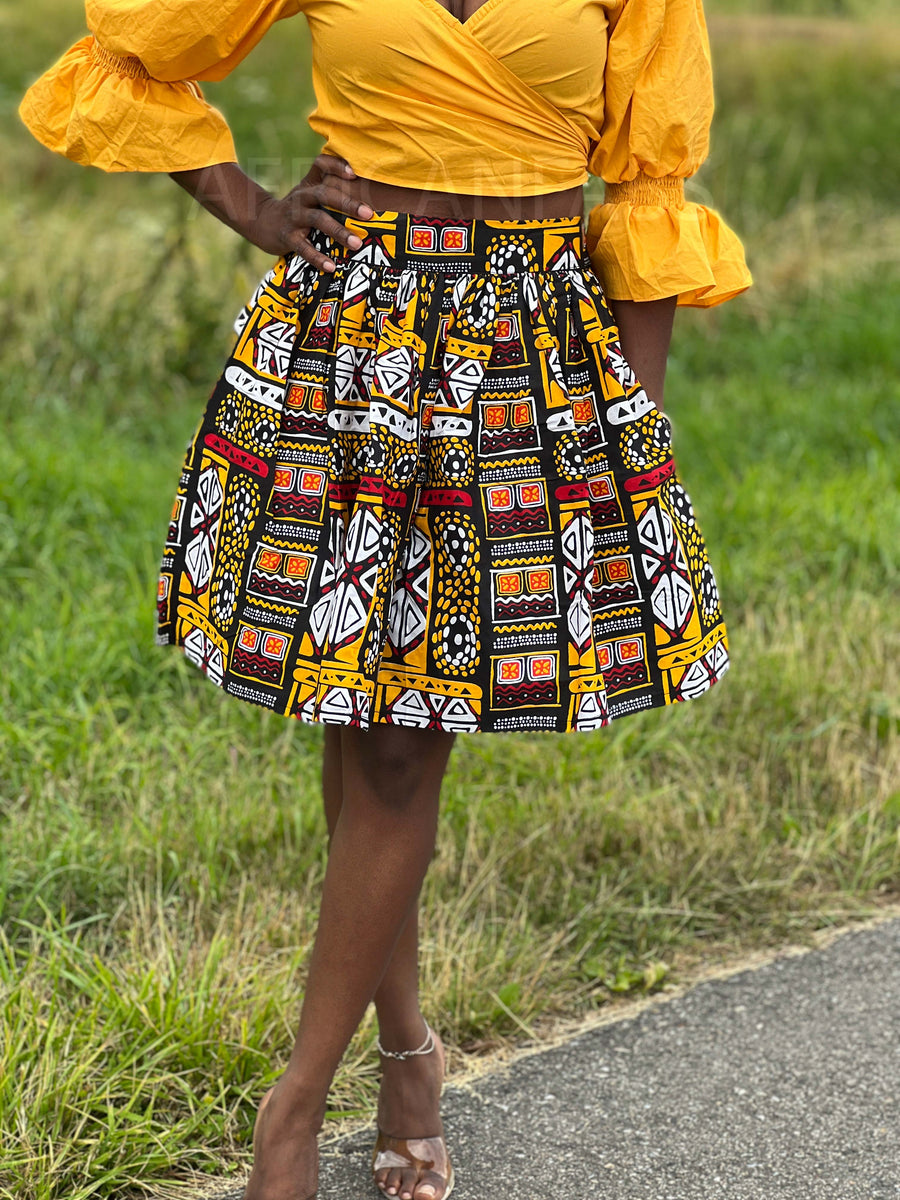 African fabric bogolan pattern high waist skirt by ekeeya-creations - S -  Afrikrea