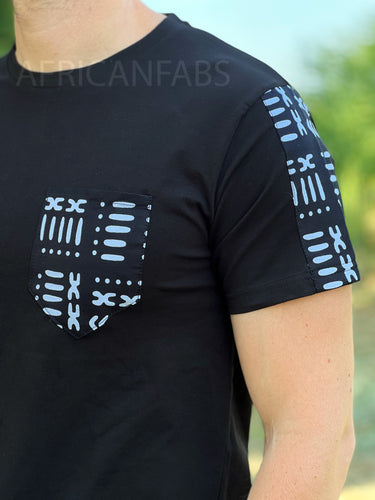 T-shirt with African print details - black bogolan sleeves and chest pocket