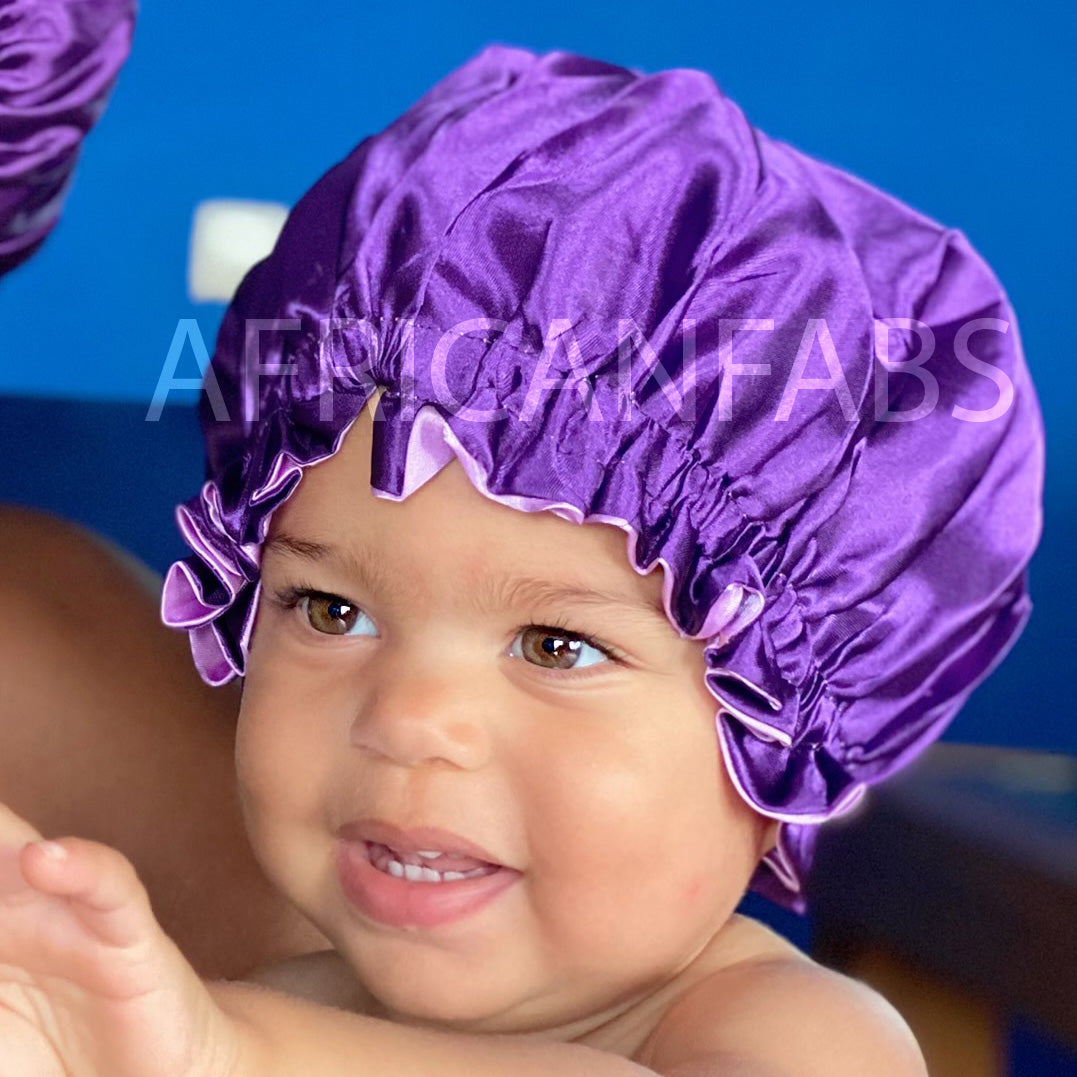 Purple Satin Hair Bonnet (Kids / Children's size 3-7 years) (Reversabl –  AfricanFabs