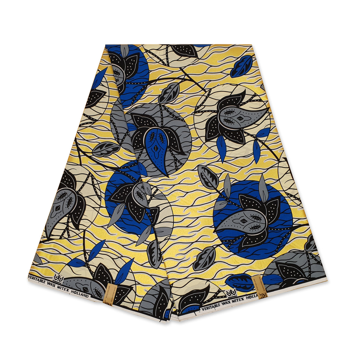 African Wax print fabric - Grand Wax - Gold Blue Leaf glass - Gold