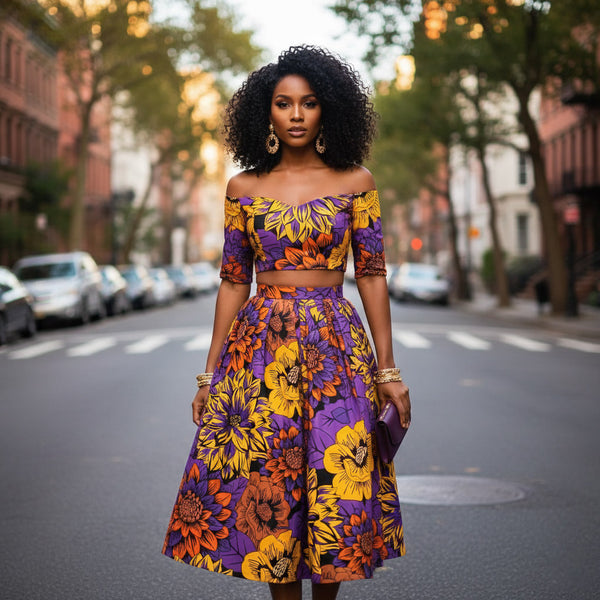 African print fabric - Yellow & Purple Flowers - 100% cotton