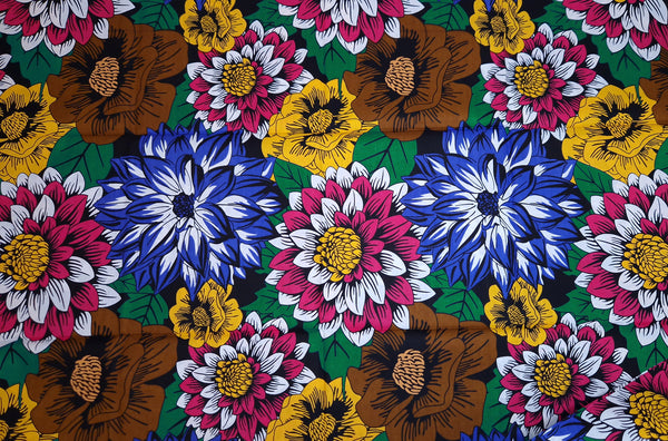 African print fabric - Blue & Fuchsia Flowers - 100% cotton