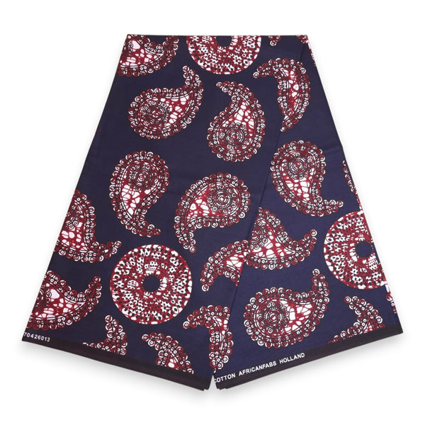 African Wax print fabric - Blue Brown Navy Paisley Sun - 100% cotton
