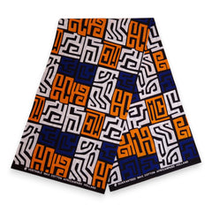 African print fabric - Blue & Yellow-Orange Kuba Blocks Congo - 100% cotton