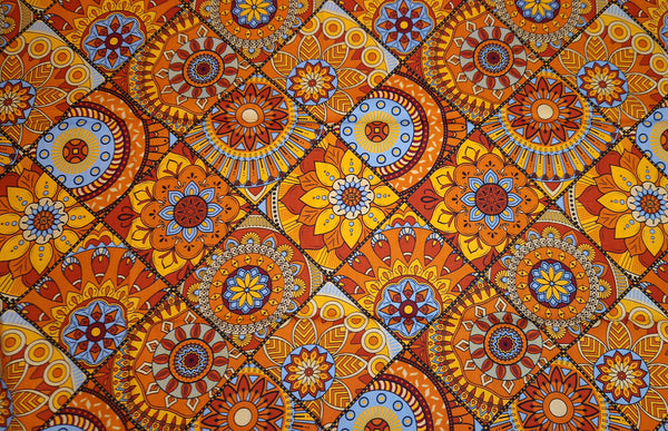 African print fabric - Orange & Light Blue Mandala Patchwork - 100% cotton