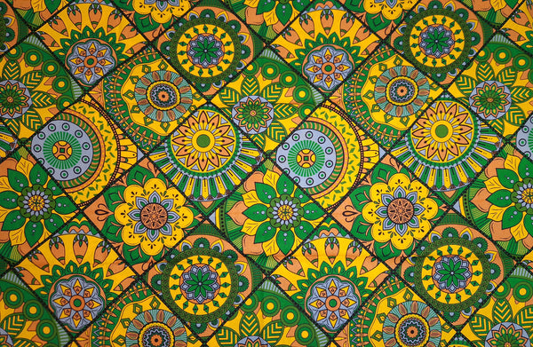 African print fabric - Green & Yellow Mandala Patchwork - 100% cotton