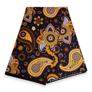 African print fabric - Navy blue Yellow Paisley - 100% cotton