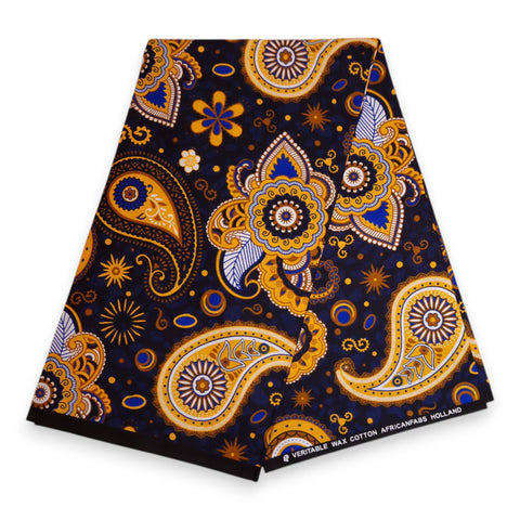 African print fabric - Navy blue Yellow Paisley - 100% cotton