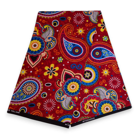 African print fabric - Red Blue Paisley - 100% cotton
