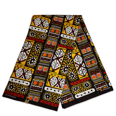 African print fabric - Red Yellow Bogolan / Mud cloth