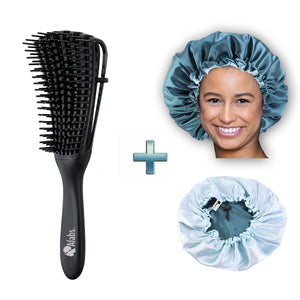 Black Detangler brush + Green Satin Hair Bonnet | Comb for curls | Afro hair brush