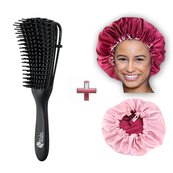 Black Detangler brush + Red Satin Hair Bonnet | Comb for curls | Afro hair brush