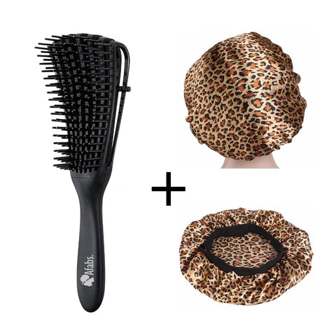 Black Detangler brush + Leopard print Satin Hair Bonnet | Comb for curls | Afro hair brush