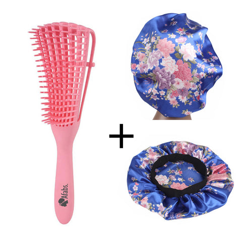 Pink Detangler brush + Blue pink flowers Satin Hair Bonnet | Comb for curls | Afro hair brush