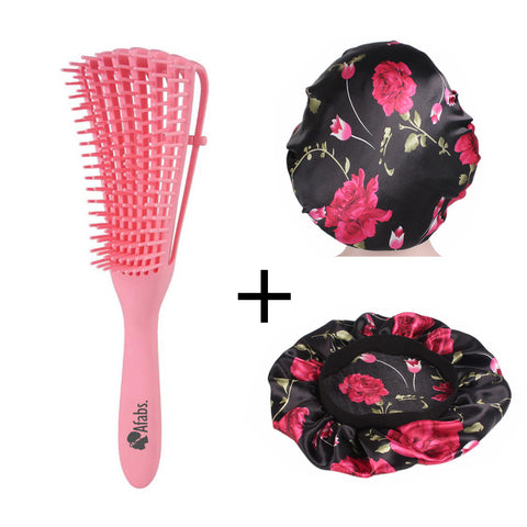 Pink Detangler brush + Black pink flowers Satin Hair Bonnet | Comb for curls | Afro hair brush