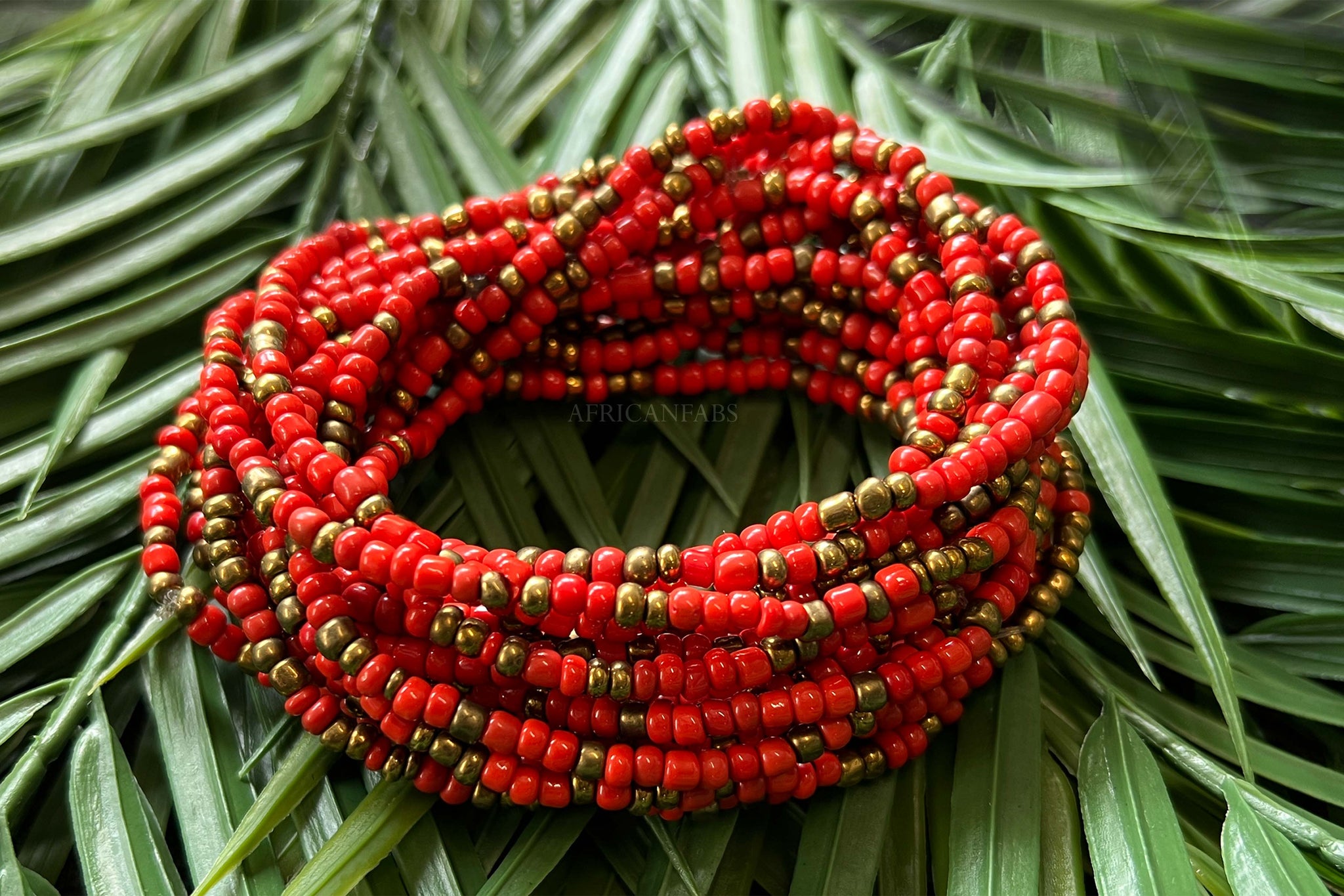 Waist Beads / African Waist Chain - EBO - Red / Gold (elastic)