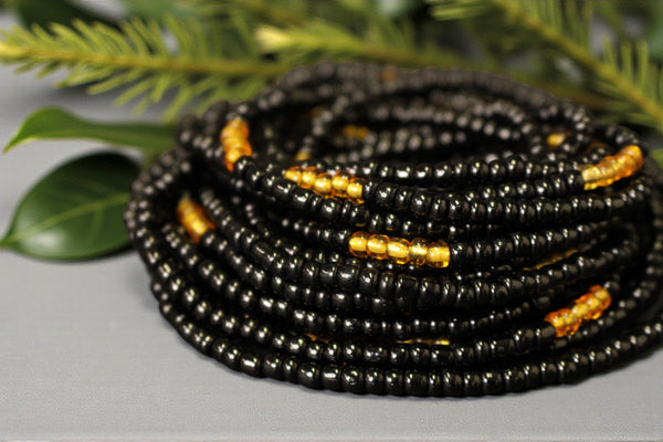 Waist Beads / African Waist Chain - OSAWE - Black / gold (elastic)