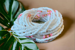 3 in 1 Waist Beads / African Hip Chain - ABEBI - Pink / White (elastic)