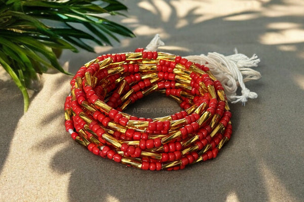 Waist Beads / African Hip Chain - Adesuwa - Red / gold (Traditional non-elastic string)