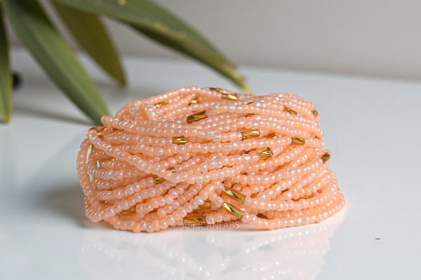 Waist Beads / African Hip Chain - Ogbe - Peach / gold  (Traditional non-elastic string)