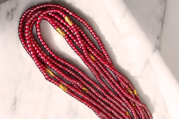 Waist Beads / African Hip Chain - Ike - Red / gold (Traditional non-elastic string)